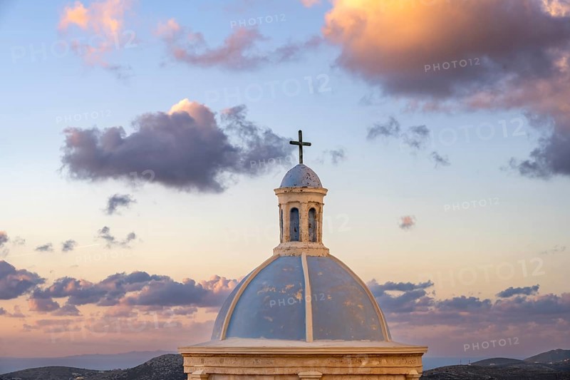 Blue dome of the Holy Catholic Church of Our Lady of Mount Carmel, dramatic cloudy sky, at sunrise, Ano Syros, Syros, Cyclades, Greece, Europe