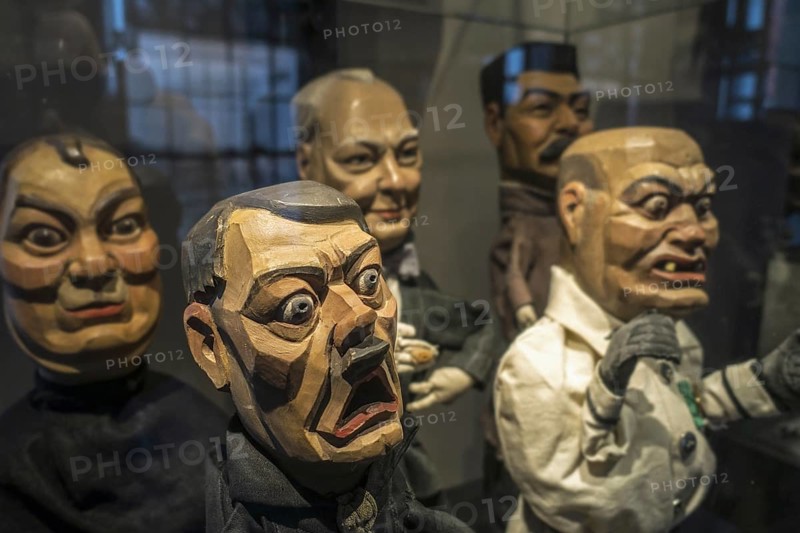 Wooden hand puppets featuring World War Two leaders Adolph Hitler, Roosevelt, Stalin, Churchill and Mussolini