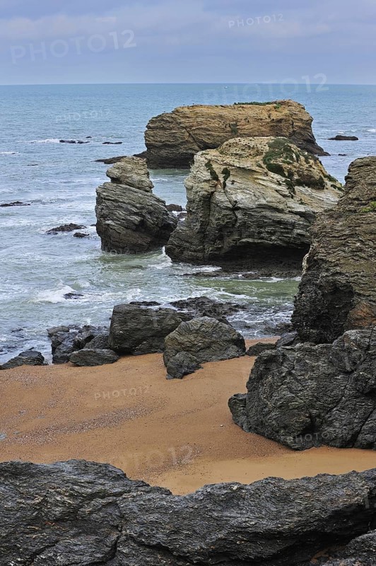 Sea stacks at the Plage des Cinq Pineaux at Saint-Hilaire-de-Riez, La Vendée, Pays de la Loire, France, Europe