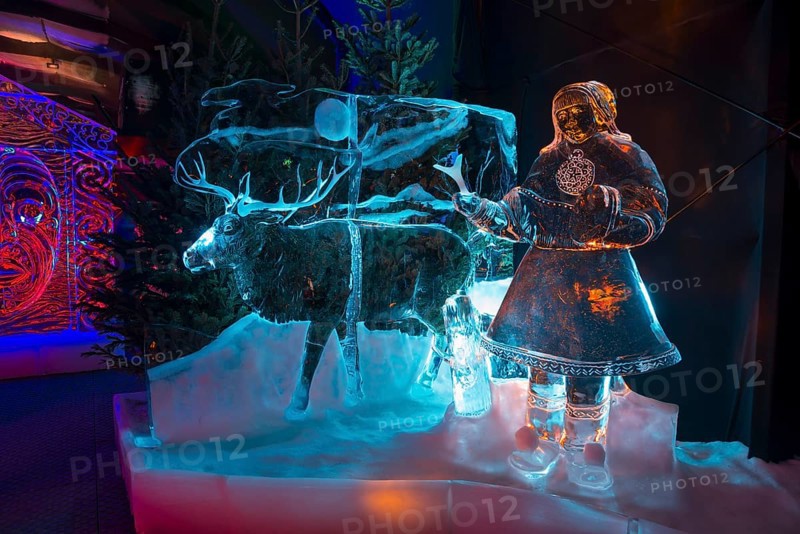 Reindeer and seed, ice sculpture festival, Zwolle, province of Overijssel, Netherlands