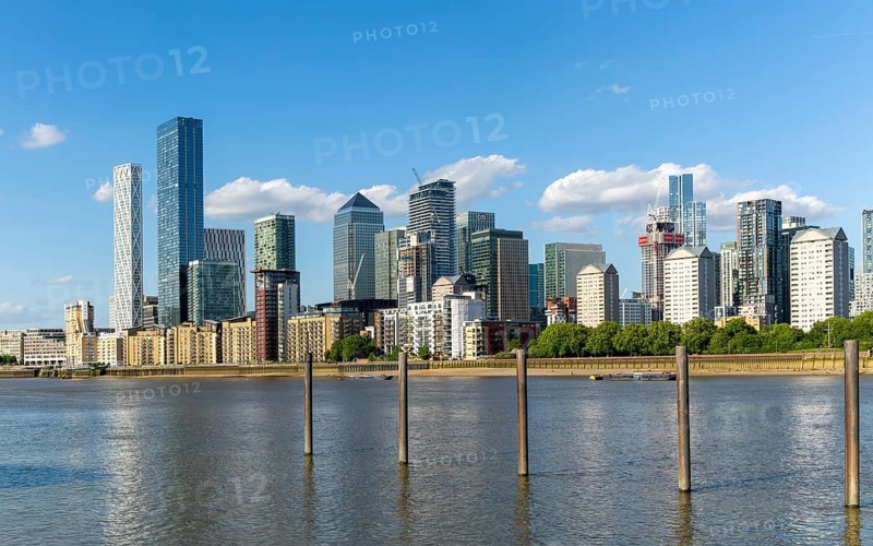 View from Deptford of high rise buildings, Canary Wharf, Isle of Dogs, Docklands, London, England, UK