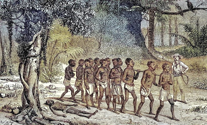Slaves crossing a forest of the dead, slave hunters in the Congo in 1868, Africa, Historical, digitally restored reproduction of a 19th century original, exact original date unknown