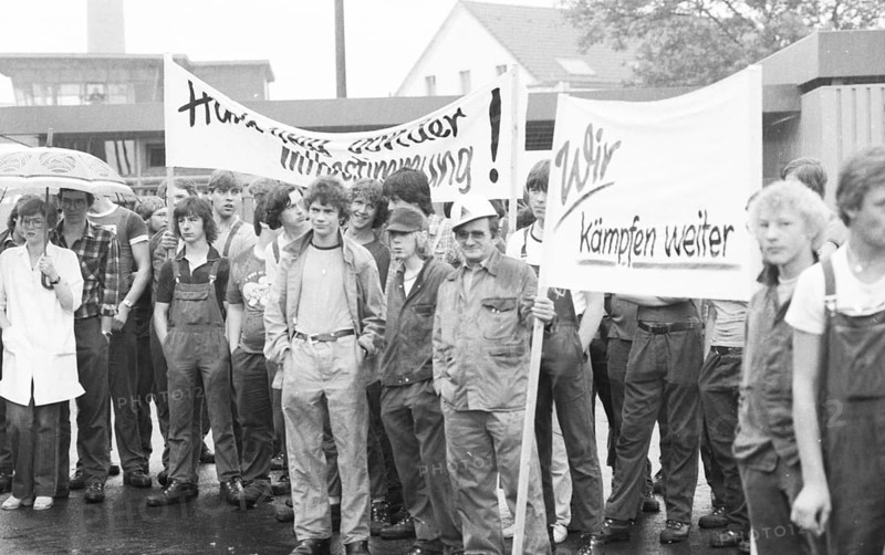 Warning strike at Thyssen by IG Metall to preserve co-determination on 30.07.1980 in Oberhausen, Germany, Europe