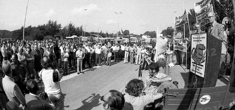 Farmers marched with their tractors to a protest in Aachen on 17.9.1974 to demonstrate against low producer prices, Germany, Europe