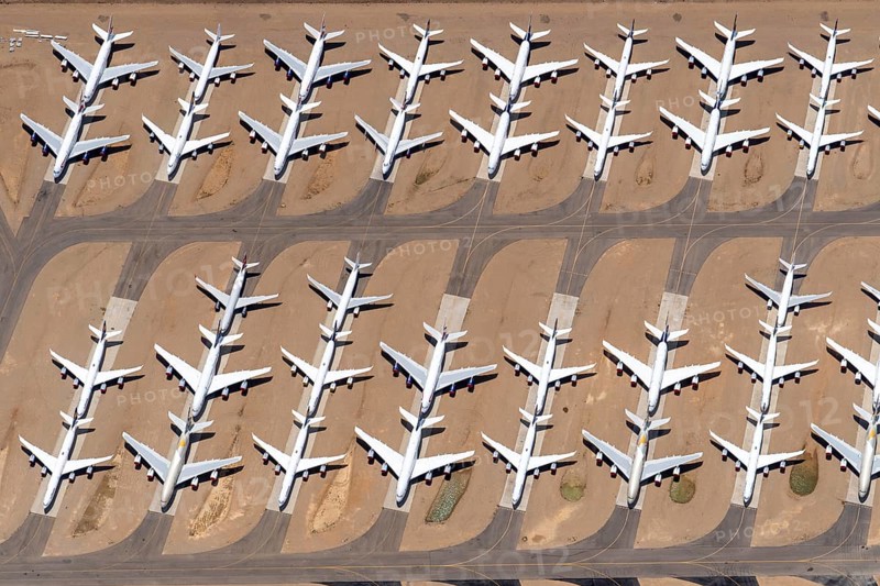 Aerial view of parked commercial aircraft at Teruel Airport in Aragon, parking, storage, scrapping, Airbus, Boeing, Lufthansa, A380, Spain, Europe
