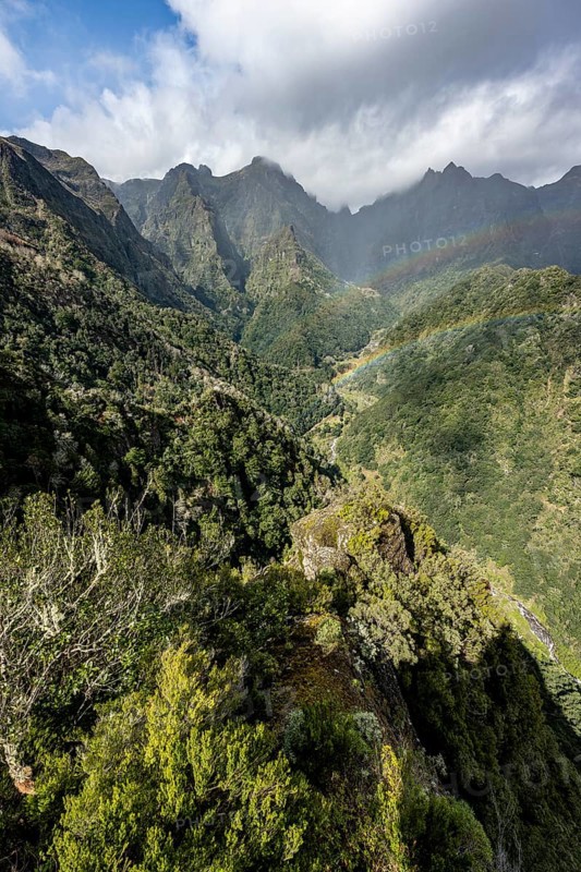 Densely overgrown steep mountains with rainbow, green mountain landscape, view from Miradouro dos Balcões, mountain valley Ribeira da Metade and the central mountains, Madeira, Portugal, Europe