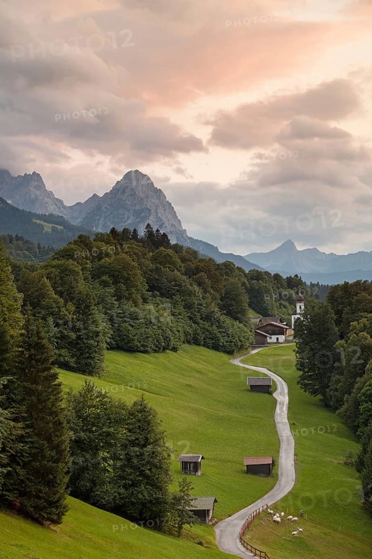View of St Anna in Wamberg. The Alpspitze near Garmisch-Partenkirchen in the background