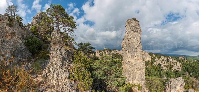 Rocks with strange shapes in the chaos of Montpellier-le-Vieux in the cevennes national park. Panorama, panoramic. La Roque-Sainte-Marguerite, Aveyron, France, Europe