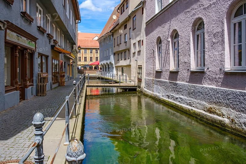 Historic architecture on the city stream in the Untere Bachgasse in the old town of Memmingen in Unterallgäu, Swabia, Bavaria, Germany, Europe