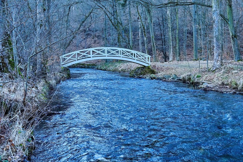 Wooden bridge over the Große Röder in the park of the Seifersdorfer Tal, one of the oldest German landscape parks, equipped with numerous staffages and architectures, planned and laid out by Christina von Brühl at the end of the 18th century, Seifersdorfer Tal, Wachau, Saxony