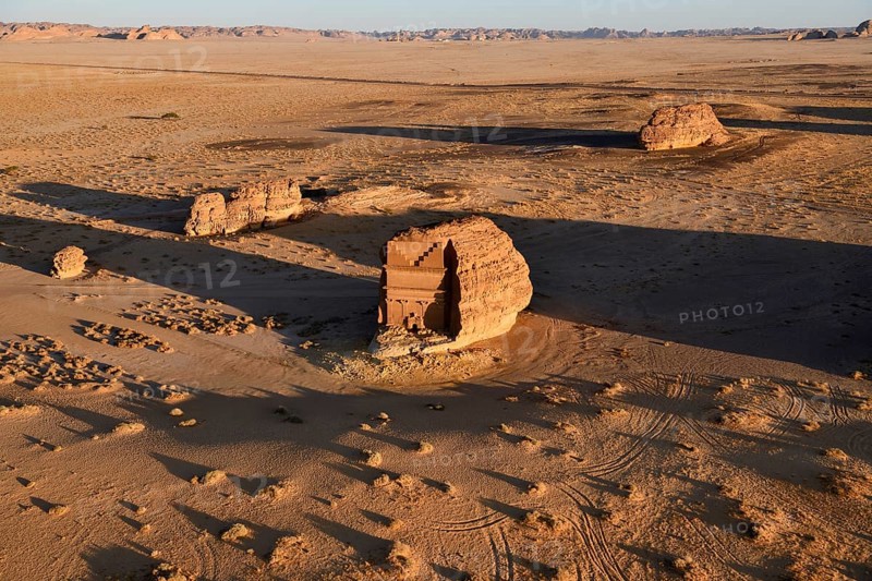 Qasr Al-Farid, 2000-year-old tomb of the Nabataeans, aerial view, Hegra or Madain Salih, AlUla region, Medina province, Saudi Arabia, Arabian Peninsula, Asia