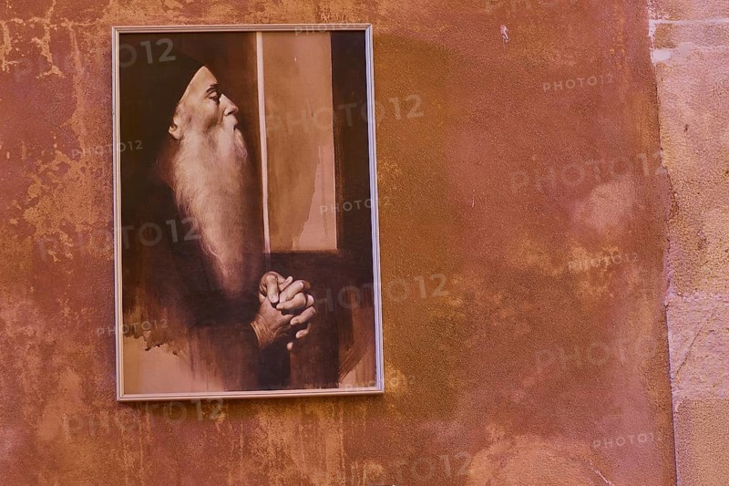 Photorealistic Painting of a Praying Möcnhe, Plastered Wall, Arkadi, Orthodox Monastery, National Monument, Rethimnon Province, Crete, Greece, Europe