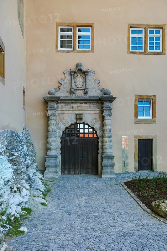 Kapfenburg Castle, wooden door, entrance portal, architecture, historical building, Ordensburg, Spornburg, former castle of the Teutonic Order, today cultural centre, international music academy, museum, Lauchheim, Ostalbkreis, Baden-Württemberg, Germany, Europe