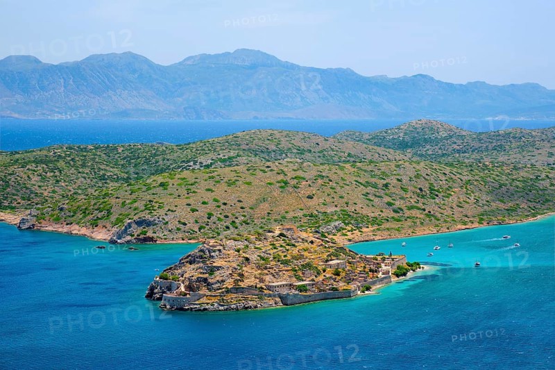 Island of Spinalonga with old fortress former leper colony and the bay of Elounda, Crete island, Greece, Europe