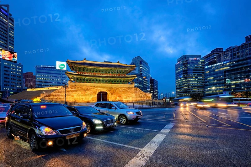 Seoul, South Korea, April 1, 2016 : Namdaemun Gate Sungnyemun at night with city traffic, Seoul, South Korea, Asia
