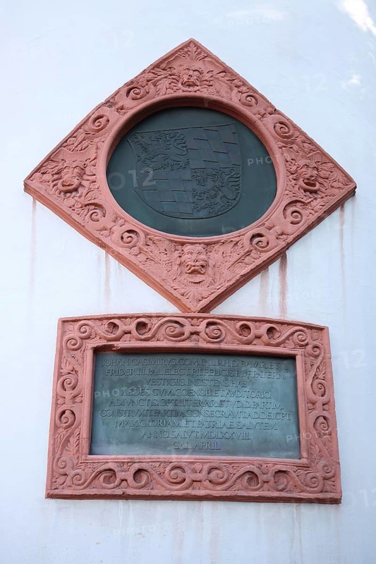 Dedication on the tower of the Casimirianum in Neustadt an der Weinstraße, Rhineland-Palatinate, Germany, Europe