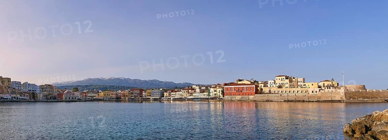 Lefka Ori, White Mountains, Snowy Mountains, Venetian Old Town, Venetian Port, Row of Houses, Colourful Houses, Calm Sea, Blue Sea, Grey Blue Sea, Blue Cloudless Sky, Chania, West Crete, Island of Crete, Greece, Europe