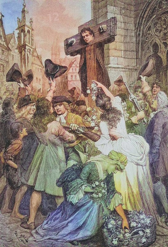 Defoe in the pillory, Daniel Defoe, 1660, 1731, an English writer in the early Enlightenment, author of Robinson Crusoe, c. 1885, Historical, digitally restored reproduction from a 19th century original, Defoe in the pillory, an English writer in the early Enlightenment, author of Robinson Crusoe, c. 1885, Historical, digitally restored reproduction from a 19th century original
