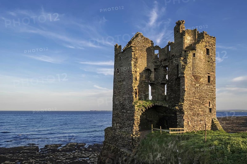Keiss Castle overlooking Sinclairs Bay, Caithness, Scotland, UK