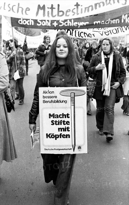 Called by the DGB youth, about 2000 mostly young people demonstrated on 25.10.1975 for co-determination and against unemployment in Giessen, Germany, Europe