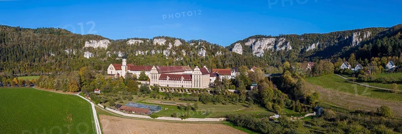 Archabbey of St Martin in Beuron, a Benedictine monastery in Beuron in the Upper Danube Valley that has existed since 1863. Panoramic photo. 13.10.2023: Beuron, Baden-Württemberg, Germany, Europe (© (c) Arnulf Hettrich Fnoxx, Publication only for a fee, copyright notice and specimen copy. Contact: Arnulf Hettrich, Bildagentur Fnoxx, Zeppelinstrasse 7, 70193 S t u t t g a r t, D e u t s c h l a n d, Phone +49 173 3189170 and +49 711 291260, hettrich@fnoxx.de, Bank details: IBAN: DE08 7603 0080 0240 3792 4, Europe