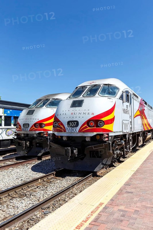 Locomotives of the New Mexico Rail Runner Express regional train railway in Santa Fe, USA, North America