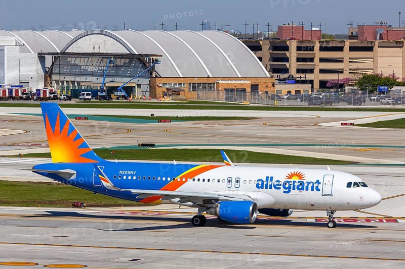 An Airbus A320 aircraft of Allegiant Air with the registration number N205NV at Chicago Midway Airport (MDW) in Chicago, USA, North America