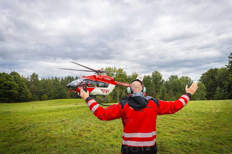 Winch rescue training of the rescue helicopter, Christoph 62, on the occasion of the 50th anniversary of the DRF Luftrettung. The rescue of casualties in the Elbe Sandstone Mountains will be practised