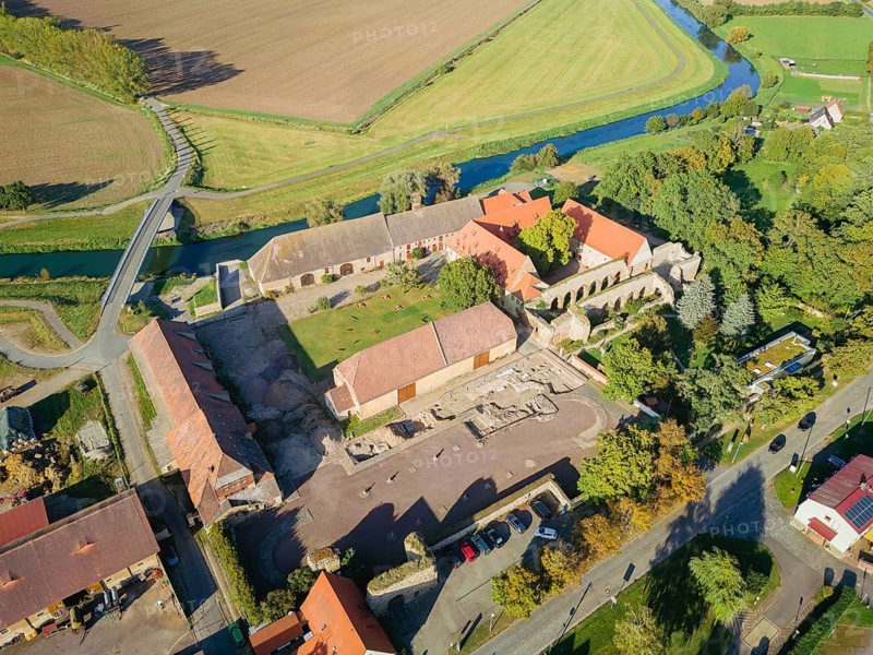 Aerial view of Memleben Monastery and presumed imperial palace, Memleben, Saxony-Anhalt, Germany, Europe
