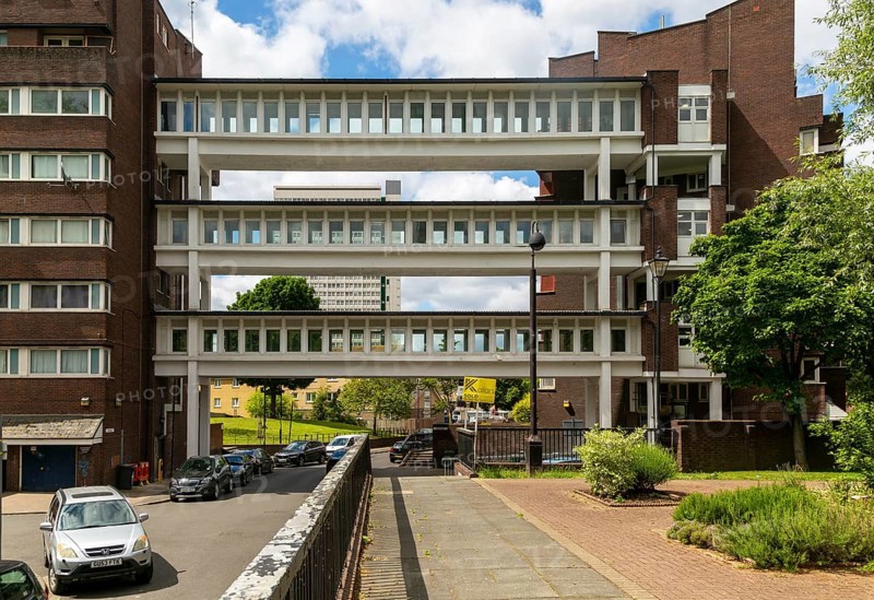 Raised walkways linking Bembridge House and Harmon House, Pepys Estate, Deptford, London SE8, England, UK