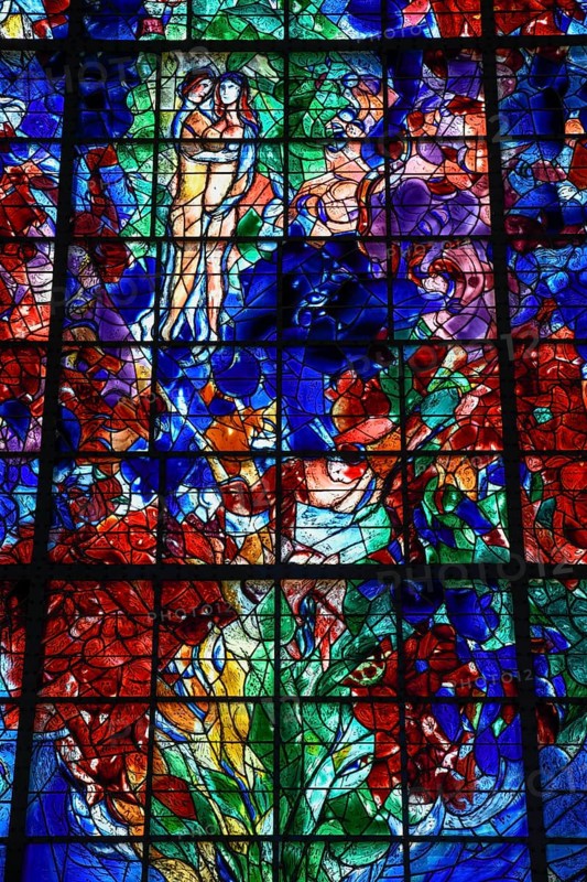 Monumental stained glass window La Paix, the Peace, by Marc Chagall in the Chapelle des Cordeliers, 18th century Franciscan chapel, Sarrebourg or Saarburg, Moselle, Grand Est region, Lorraine, France, Europe