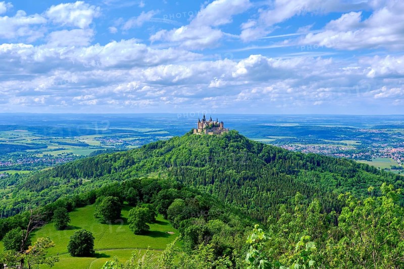 View of Hohenzollern Castle, the ancestral seat of the Hohenzollern dynasty, from the Zeller Horn on the Raichberg on the Zollernalb, Swabian Alb near Albstadt, Burladingen and Hechingen, Baden-Württemberg, Germany, Europe