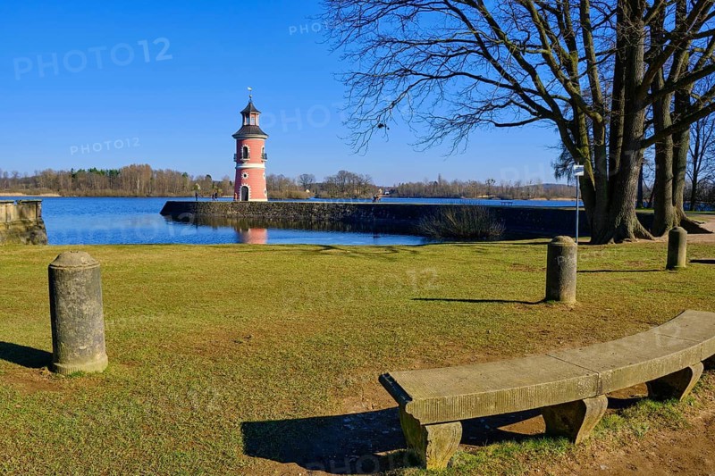 The Moritzburg lighthouse on the Moritzburg pond was erected in the 18th century under Elector Friedrich August III as a staffage building for re-enacted naval battles and is a popular destination for excursions today, Moritzburg near Dresden, Saxony, Germany, Europe