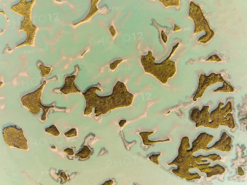 Patches of land appear while the tide is going out, in the marshland of the Bahía de Cádiz, aerial view, drone shot, Cádiz province; Andalusia; Spain