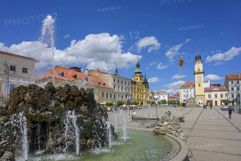 Fountain on the main square behind the clock tower, Banská Bystrica, Banskobystrický kraj, Slovakia, Europe