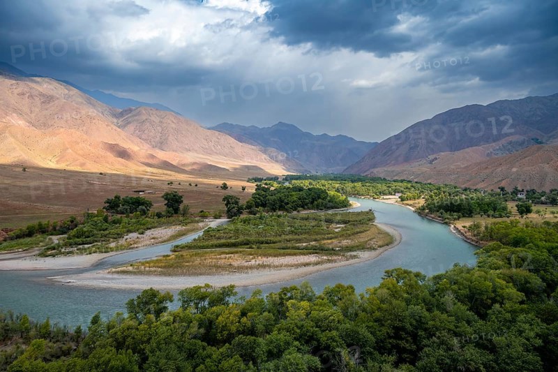 Green river valley with Naryn river between mountains, mountain landscape near Kazarman, Naryn region, Kyrgyzstan, Asia