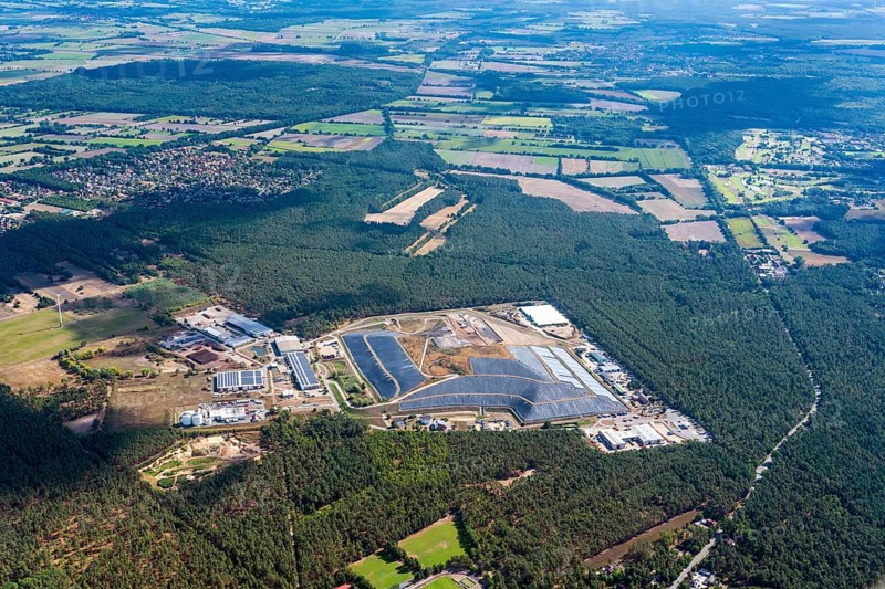 Aerial view of GfA Lüneburg landfill, waste, recycling, solar, solar power plant, wind power plant, Lüneburg, Lower Saxony, Germany, Europe