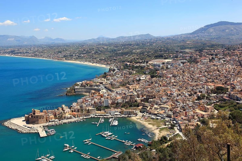 View of Castellammare del Golfo with the castle and the harbour, municipality in the province of Trapani, Sicily, Italy, Europe