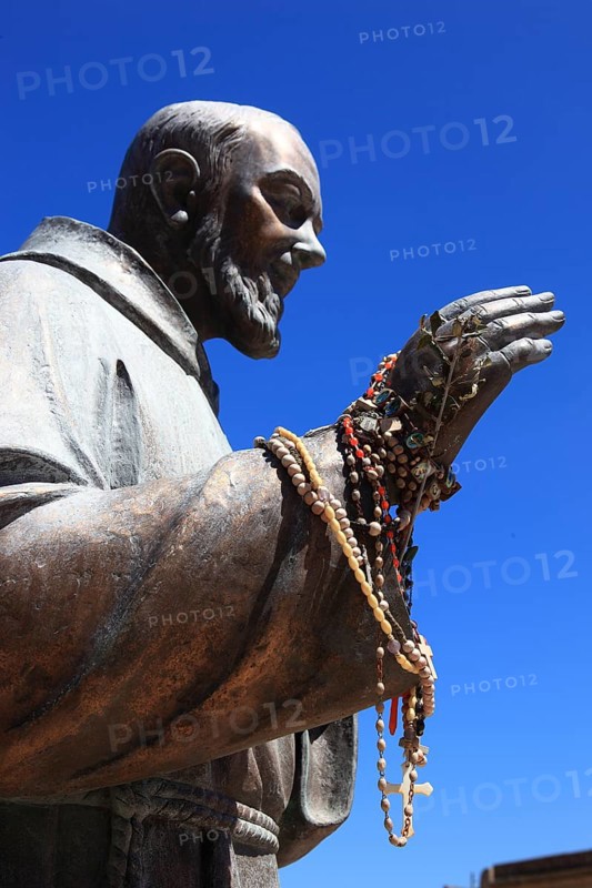 Castellammare del Golfo, statue of Padre Pio of Pietrelcina with prayer chains on his right hand, Sicily, Italy, Europe