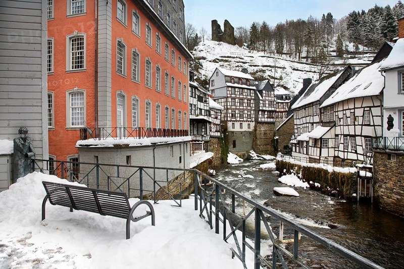 Historic half-timbered houses along the Rur near Monschau, Eifel, North Rhine-Westphalia, Germany, Europe