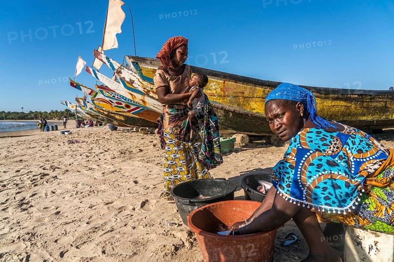 Fishermen's wives with fishing boats on the beach of Sanyang, Gambia, West Africa, Africa
