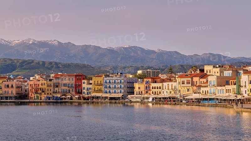 Lefka Ori, White Mountains, Snowy Mountains, Venetian Old Town, Venetian Port, Row of Houses, Colourful Houses, Calm Sea, Blue Sea, Grey Blue Sea, Blue Cloudless Sky, Chania, West Crete, Island of Crete, Greece, Europe