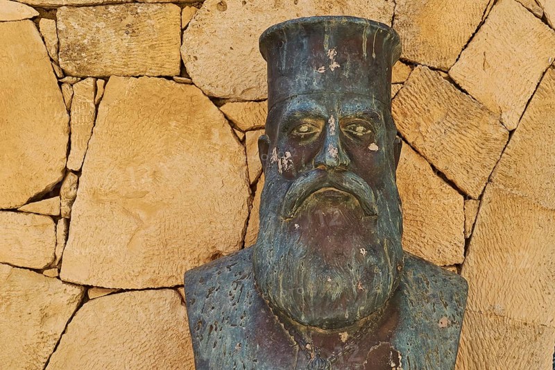 Bust, Bronze, Abbot Gabriel, Stone Wall, Arkadi, Orthodox Monastery, National Monument, Rethimnon Province, Crete, Greece, Europe