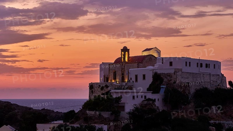 Dusk, sunset, cloudy sky, pink sky, Chrissoskalitissa, rock monastery, artificial light, Orthodox monastery, southwest tip, Chania province, Crete, Greece, Europe