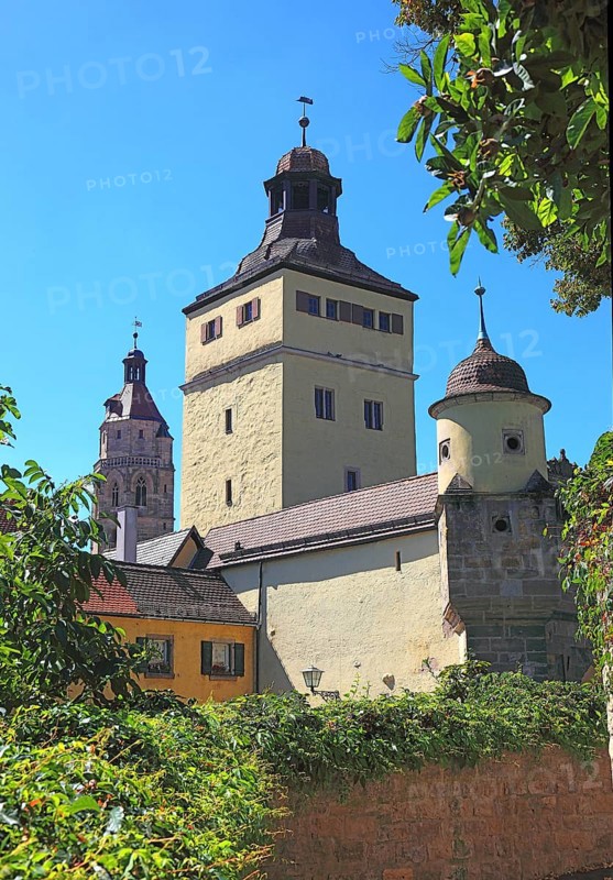 Germany, Middle Franconia, town of Weissenburg, the Ellinger Gate and the steeple of St Andrew's Church, Europe