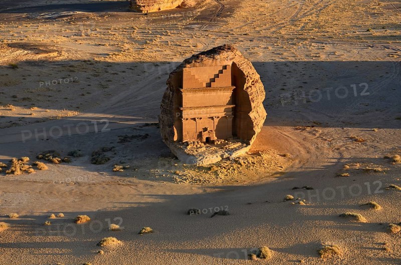 Qasr Al-Farid, 2000-year-old tomb of the Nabataeans, aerial view, Hegra or Madain Salih, AlUla region, Medina province, Saudi Arabia, Arabian Peninsula, Asia