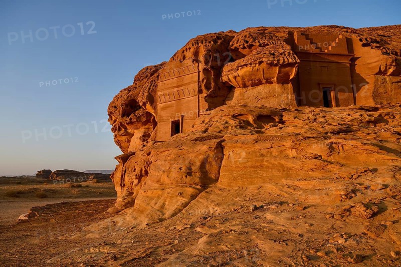 Nabataean tombs at Djabal Al-Ahmar in first light, Hegra or Mada'in Salih, AlUla region, Medina province, Saudi Arabia, Arabian Peninsula, Asia