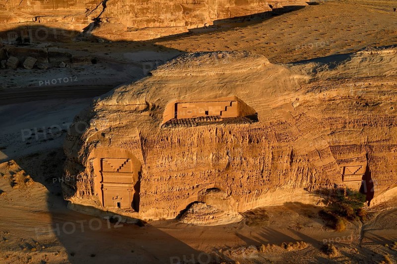 Nabataean Tombs at the Rock Qasr Al-Bint, Blue Hour, Hegra or Mada'in Salih, AlUla Region, Medina Province, Saudi Arabia, Arabian Peninsula, Asia
