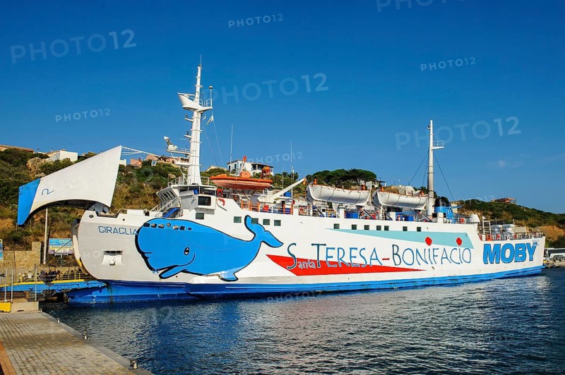 Ferry Car ferry for ferry service between Santa Teresa di Gallura in Sardinia and Bonifacio in Corsica at ferry dock in port of Santa Teresa di Gallura with open bow hatch, Santa Teresa di Gallura, Sardinia, Italy, Europe