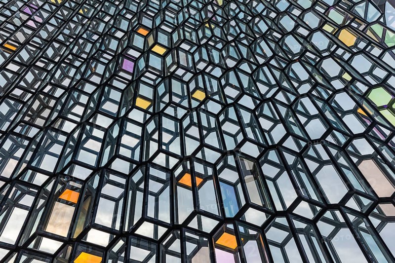 Glass facade of the Harpa Concert Hall and Congress Centre, interior view, Reykjavik, Reykjanes Peninsula, Sudurnes, Iceland, Europe